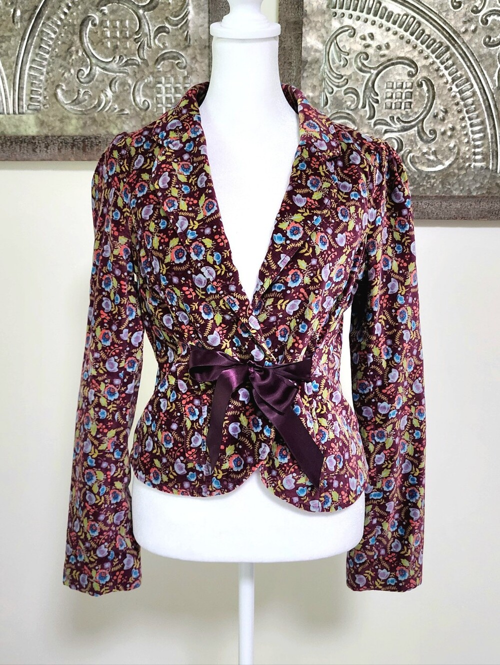 Free People Plum Purple Cotton Floral Velvet Ribbon Tie Blazer Sz 4 Whimsigoth